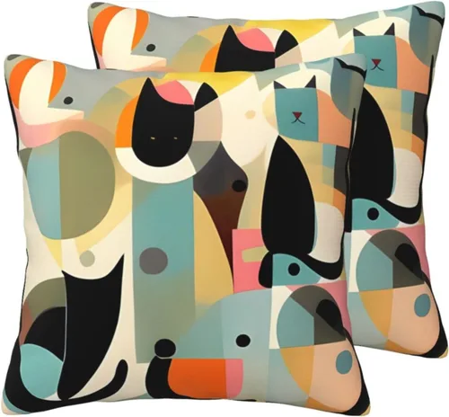 Vista 2 de Fundas de almohada con estampado de gato moderno de mediados de siglo de 18 x 18 pulgadas, funda de cojín suave y acogedora, funda de almohada