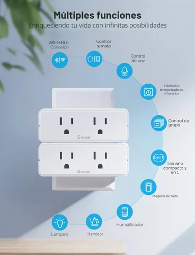 Vista 5 de Govee Paquete de 2 enchufes inteligentes duales, toma Bluetooth WiFi de 15 A, funciona con Alexa y Google Assistant, diseño compacto 2 en 1, control