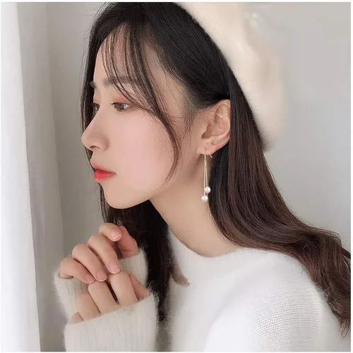 Vista 4 de Plata de ley con perlas de agua dulce aretes colgantes con borlas aretes de aro colgantes de cadena larga aretes de gancho de cadena larga aretes
