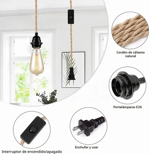 Vista 2 de Lámpara colgante industrial con cable enchufable, interruptor de encendido/apagado de cuerda de cáñamo, lámpara colgante de granja para comedor