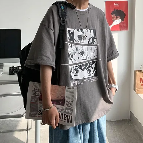 Vista 3 de CYee Camisetas gráficas de anime Dark Academia para hombre, estilo grunge, de manga corta, de gran tamaño, ropa urbana Preppy Cyberpunk Techwear