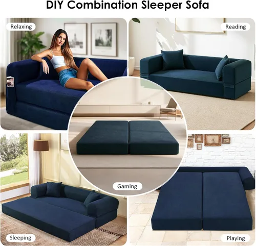 Vista 3 de Sofá cama convertible de 80", sofá plegable extraíble de pana 3 en 1 con almohadas, sofá moderno sin ensamblaje sin estructura con compresión