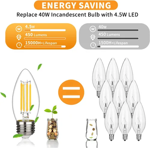 Vista 4 de BORT Bombillas LED B11, regulables de 4 W equivalentes a bombillas LED de 40 W, 2700 K blanco cálido, bombillas LED estándar E26 de base media