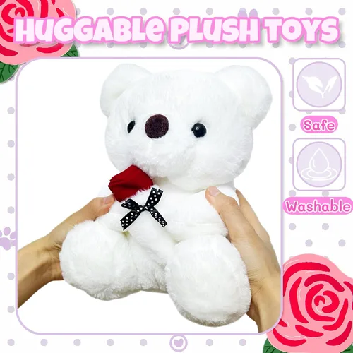 Vista 4 de Peluche de Oso Blanco de 10 pulgadas Juguetes de Animales de Peluche con Rosa, Peluches de Oso Polar Kawaii, Juguetes de Peluche de Animales Suaves