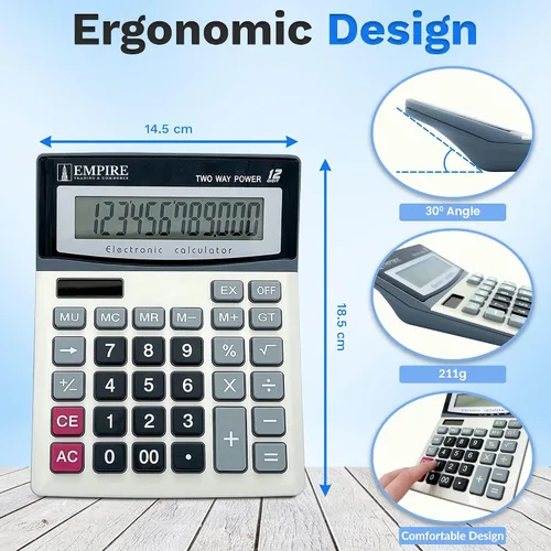 Vista 5 de Empire - Calculadora de escritorio con botones de teclas grandes, pantalla grande de 12 dígitos en ángulo de ojo, funciona con energía solar