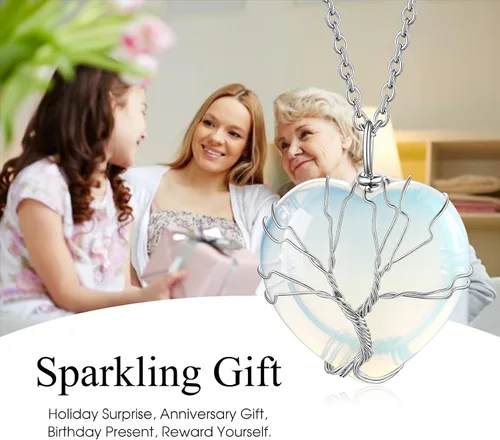 Vista 3 de Bestyle Collar de cristal curativo envuelto en árbol de la vida, colgante de piedra natal de 12 meses para parrillas de mujer, joyería de piedras