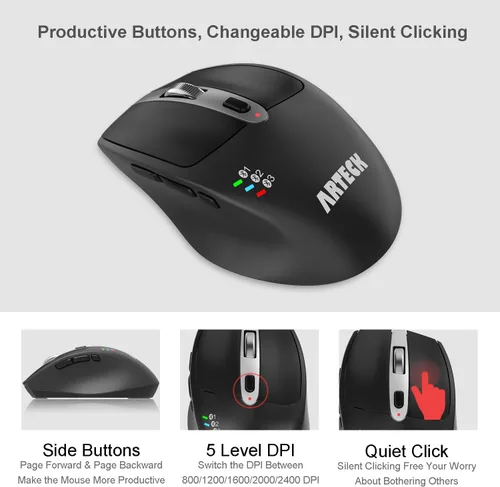 Vista 4 de Arteck Teclado y Ratón Bluetooth Universal Multidispositivo Teclado Bluetooth Inalámbrico de Tamaño Completo y Conjunto de Ratón Ergonómico