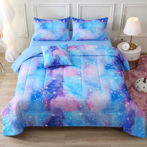 Vista 16 de JQinHome Juego de edredón con purpurina, tamaño individual, juego de ropa de cama en una bolsa de 6 piezas en 3D colorido degradado para niñas