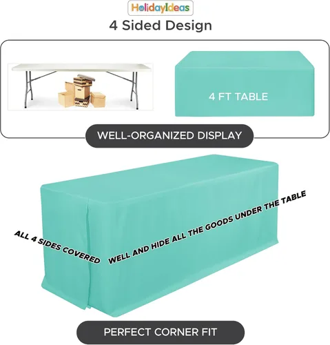 Vista 5 de HolidayIdeas Fitted Tablecloths for 4 Foot Rectangle Table, Wrinkle Resistant Washable Table Cover 24x48 Inch for Vendor Booth Display, Banquet, Aqua