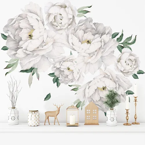 Vista 3 de Pegatinas de pared de peonía blanca, calcomanías florales para cocina Bethroom