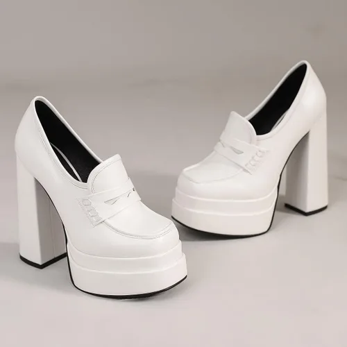Vista 7 de SIFINELAR Tacones de plataforma para mujer, tacón grueso, mocasines, zapatos de oficina