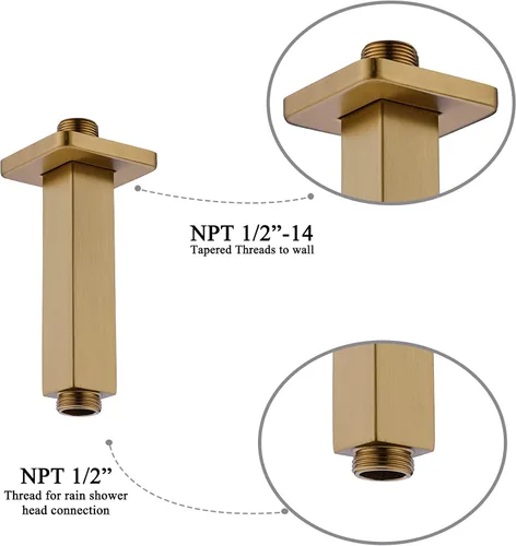 Vista 3 de Brazo de ducha de 4 pulgadas con brida, brazo de extensión de cabezal de ducha cuadrado montado en el techo, brazo recto de 1/2 NPT para cabezal