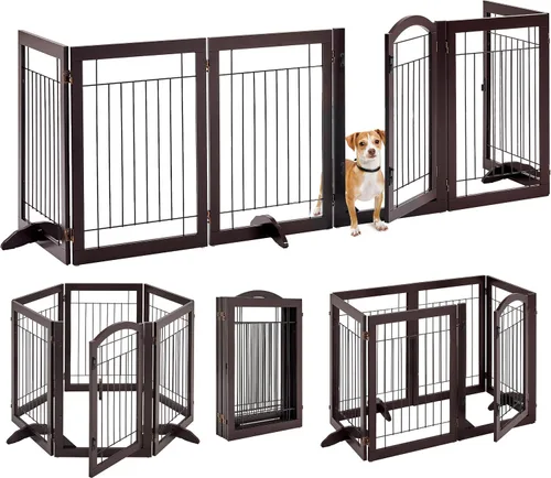 Vista 10 de Yaheetech Puerta extra ancha independiente para perros, valla plegable para cachorros con pies de apoyo adecuada para puertas, escaleras, 98 Espresso