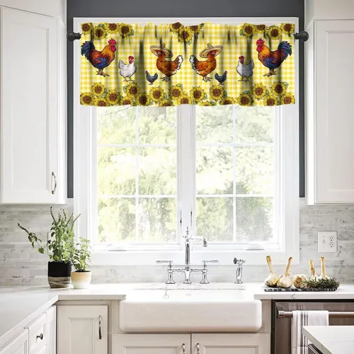 Vista 4 de Cenefa de ventana de gallo de Western Farm, pollo, girasol, retro, con estampado de cuadrícula de búfalo amarillo, bolsillo para barra, tratamientos