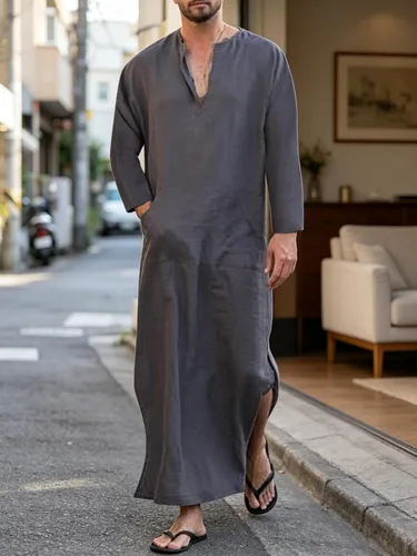 Vista 5 de Jacansi - Bata de cuello en V para hombre, manga corta, división lateral, caftán de algodón, thobe largo, tallas S-3XL Púrpura-gris #1