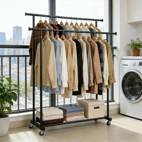 Vista 9 de Perchero de doble barra para colgar ropa, portátil, con ruedas, perchero de metal resistente con estantes dobles para dormitorio, lavandería, sala