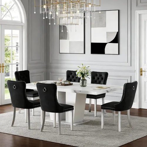 Vista 60 de Henf Juego de mesa de comedor extensible de 5 piezas para 4, mesa de cocina de imitación de mármol de 63"-79" con 4 sillas negras, juego de mesa