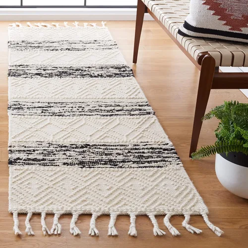 Vista 2 de SAFAVIEH Natura Collection - Alfombra de pasillo, 2 pies 3 pulgadas x 8 pies, color marfil y negro, hecha a mano de lana rústica con borlas, ideal