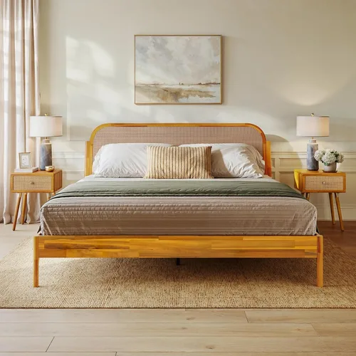 Vista 10 de Bme Aurelia - Marco de cama con cabecero tamaño Queen, madera de acacia sólida, estilo bohemio y moderno de mediados de siglo, cabecero de ratán
