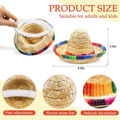 Vista 5 de 3 sombreros mexicanos, sombreros de fiesta de Cinco de Mayo, sombrero de tela para fiestas, diademas de paja para niños, mascotas, adultos, fiesta