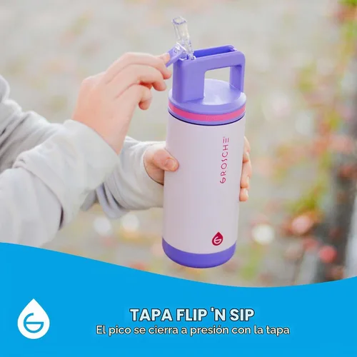 Vista 6 de GROSCHE Alpine Flip N Sip - Botella de agua para niños, tapa con popote