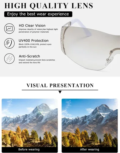 Vista 7 de kimorn Gafas de sol envolventes Y2K para mujeres y hombres, protección de pantalla plana, tecnología futurista, sin marco, K1344