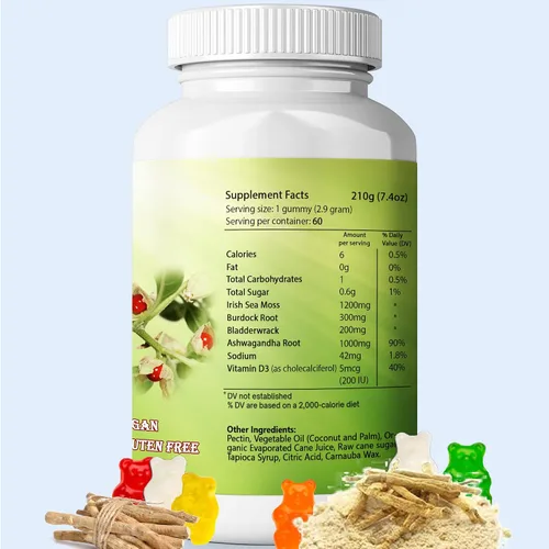 Vista 7 de Gomitas de musgo marino Ashwagandha con raíz de bardana Bladderwrack, dieta alcalina keto vegana sin OMG, sin lácteos y gluten, por Healing Drops