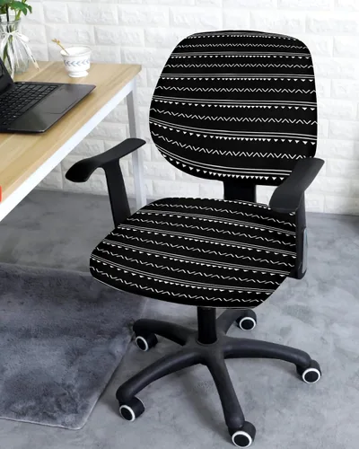 Vista 3 de Funda para silla de oficina, estilo bohemio, color blanco y negro, elástica, universal, para silla de computadora, diseño de rayas geométricas