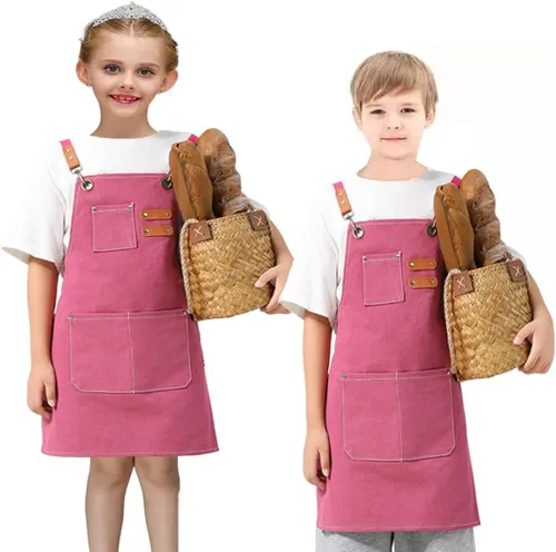 Vista 5 de 2 unids niños lona delantal para niño y niña cocina pintura herramienta de trabajo niños delantal