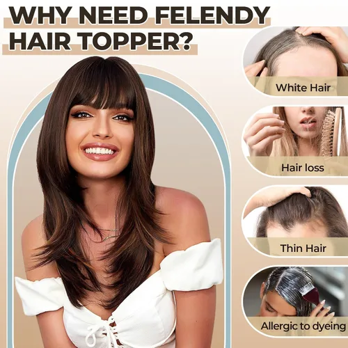 Vista 5 de FELENDY Toppers para el cabello para mujer, rubio decolorado, con clip, 14 pulgadas, esponjoso, pelo con flequillo falso