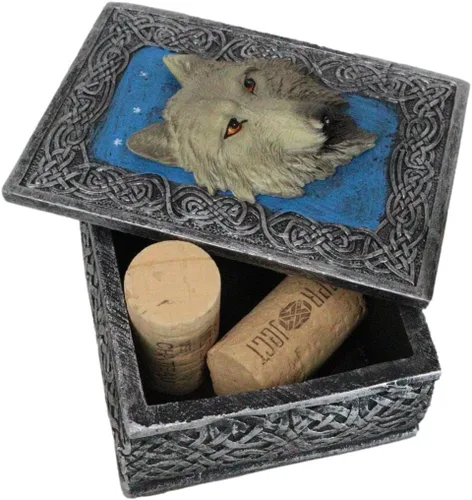 Vista 2 de Ebros Gift Figura decorativa rectangular de lobo alfa con elemento de noche estrellada azul celta como recuerdo, almacenamiento de joyas, decoración