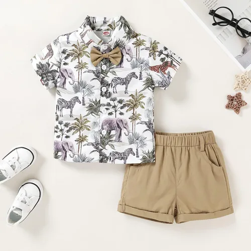Vista 9 de JEELLIGULAR Conjunto de ropa de verano para bebé niño de manga corta con botones y pantalones cortos, trajes casuales para caballeros de 1 a 6 años