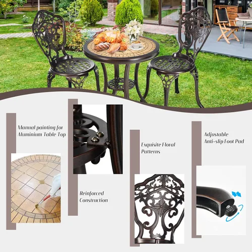 Vista 6 de Tangkula Juego de 3 piezas de patio bistró, juego de mesa y sillas de aluminio fundido para exteriores, mesa redonda de bistró y sillas para porche