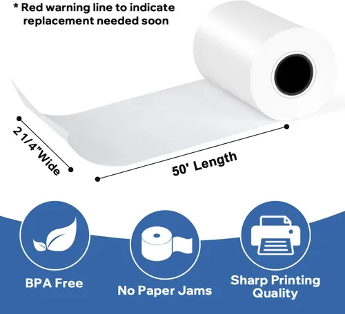 Vista 2 de Rollos de papel térmico de recibo de 2 1/4 "x 50' 50 rollos, papel de recibo sin BPA