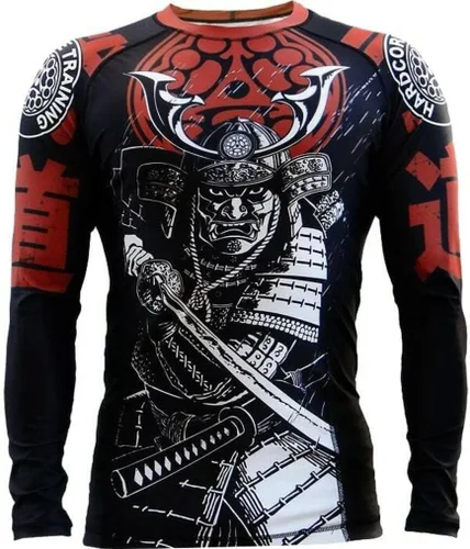 Vista 17 de Hardcore Training Camiseta de compresión para hombre, manga larga, Jiu Jitsu, MMA No-Gi, BJJ apretada, capa base de combate Negro Gris