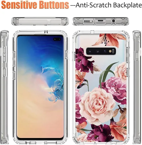 Vista 5 de Funda para Samsung Galaxy S10 Plus, diseño de flores moradas, a prueba de golpes, funda protectora de cuerpo completo con protector de pantalla