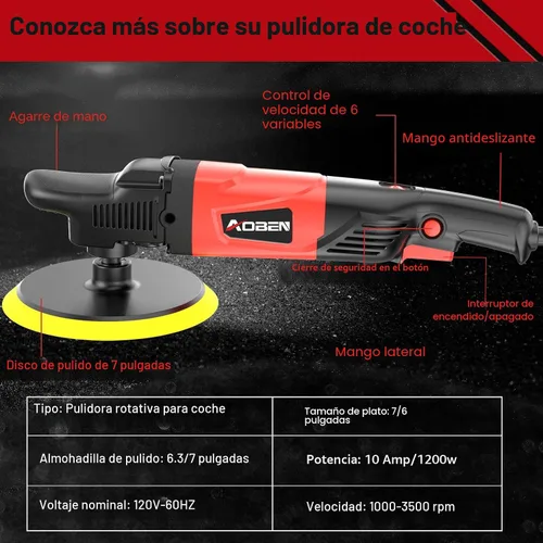 Vista 2 de AOBEN Pulidor rotativo de búfer, 1200 W, 6 pulgadas/7 pulgadas, kit de cera para pulidor de automóvil con 6 velocidades variables de 1000-3500 RPM
