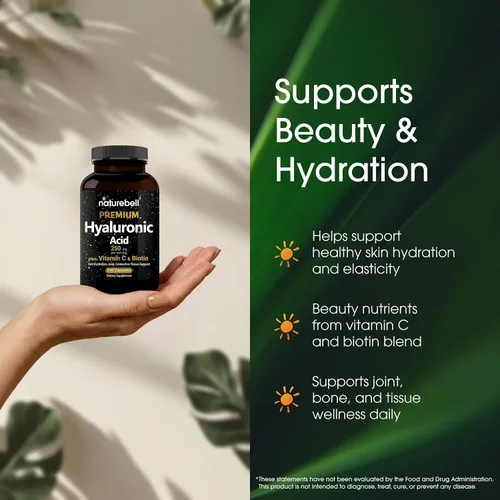 Vista 4 de NatureBell Suplementos de ácido hialurónico, 250mg de ácido hialurónico con 25mg de vitamina C por porción, 200 cápsulas, apoya la hidratación