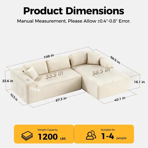 Vista 2 de CAMMOO Sofá seccional Cloud de 108 pulgadas, sofá seccional modular moderno con asiento profundo, sofás de pana sin estructura rígida con diván