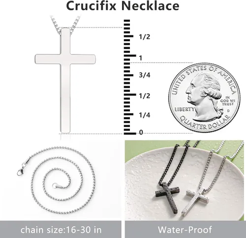 Vista 5 de 2 collares de cruz para hombre, colgante de acero inoxidable, cadena de cruces plateadas, negras, caja de regalo para niños de 16 a 30 pulgadas