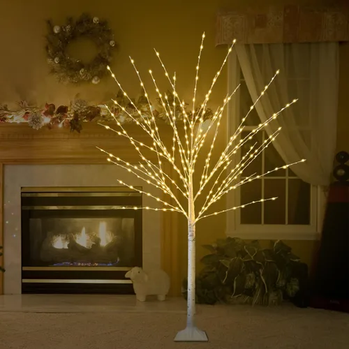 Vista 5 de Árbol de abedul iluminado de 4 pies con 400 luces LED de color blanco cálido, 8 modos, temporizador remoto de árbol de Navidad, árbol de Navidad