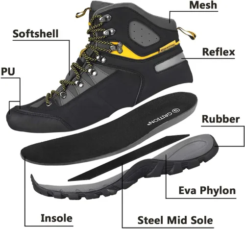 Vista 4 de Grition Botas de senderismo impermeables para hombre, botas de senderismo al aire libre, cómodas botas atléticas ligeras con cordones.