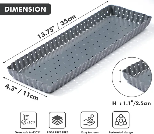 Vista 5 de Webake Sartén para tartas con parte inferior extraíble, sartén rectangular de 14 pulgadas para quiche perforada, bandeja antiadherente para hornear