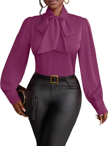 Vista 18 de Vrtige Camisa de mujer elegante con cuello de lazo, manga larga, blusa para la oficina