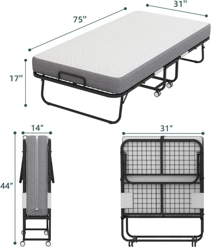 Vista 6 de Espsilto Cama plegable tamaño cuna con colchón para adultos, cama plegable portátil de 75 x 31 pulgadas para invitados, ahorro de espacio y fácil