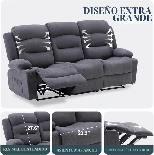 Vista 8 de Sofá reclinable extragrande con calor y masaje, sofá reclinable RV grande de 3 plazas para sala de estar, sofá reclinable de pared con portavasos