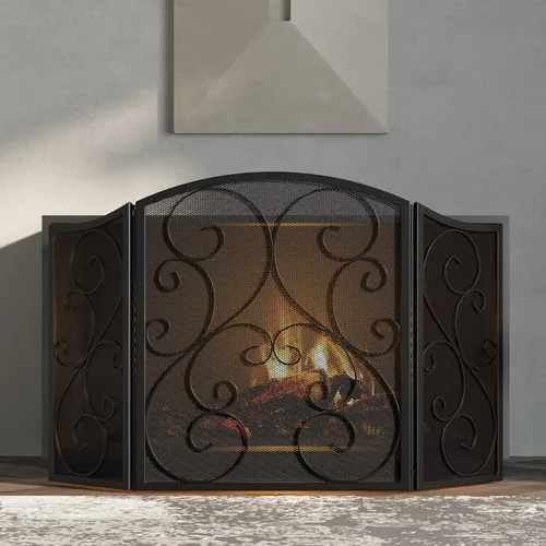 Vista 5 de Pantalla para chimenea Fire Beauty de 3 paneles, hierro forjado de metal, 121,9 cm (L) x 76,2 cm (H), cubierta protectora contra chispas (negro)