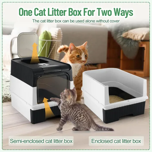 Vista 6 de Tioncy Kit de iniciación de 7 piezas para gatos pequeños, caja de arena para gatos con pala y alfombrilla de arena para patas, cuencos dobles Negro