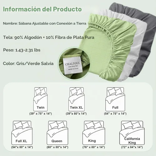 Vista 6 de Sábanas de conexión a tierra tamaño individual Premium de algodón para terapia de sueño saludable, sábanas ajustadas de bolsillo profundo con cable