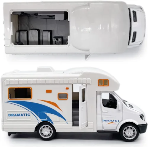 Vista 2 de Mini juguete de autocaravana camper RV para niños, modelo de aleación con tracción hacia atrás, vehículo recreativo con aventura, con muebles, techo